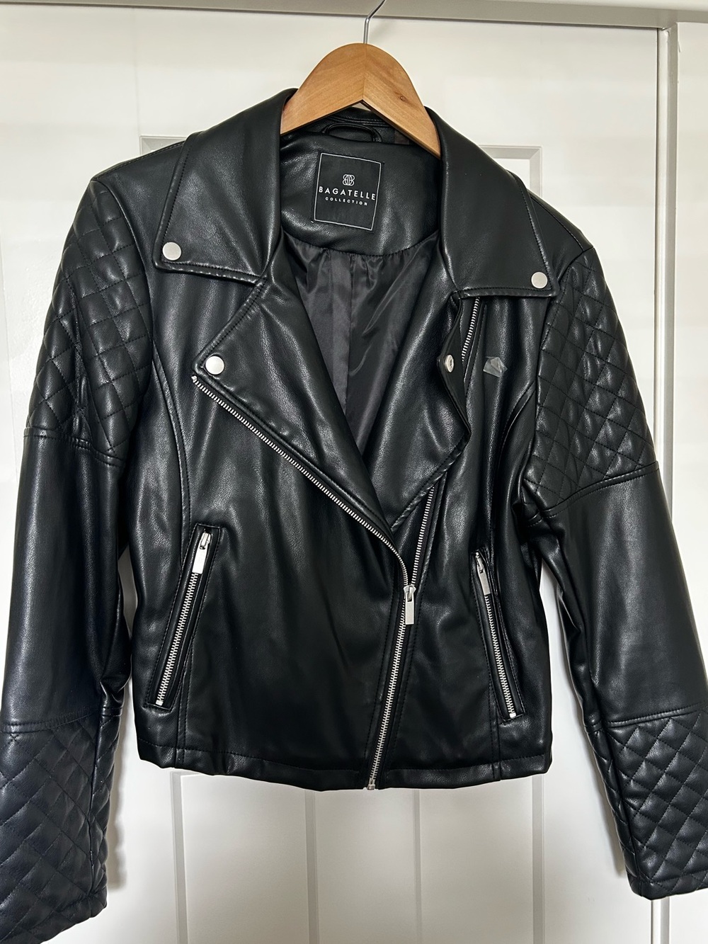 bagatelle Black Quilted Faux Leather Moto Jacket with Silver Hardware